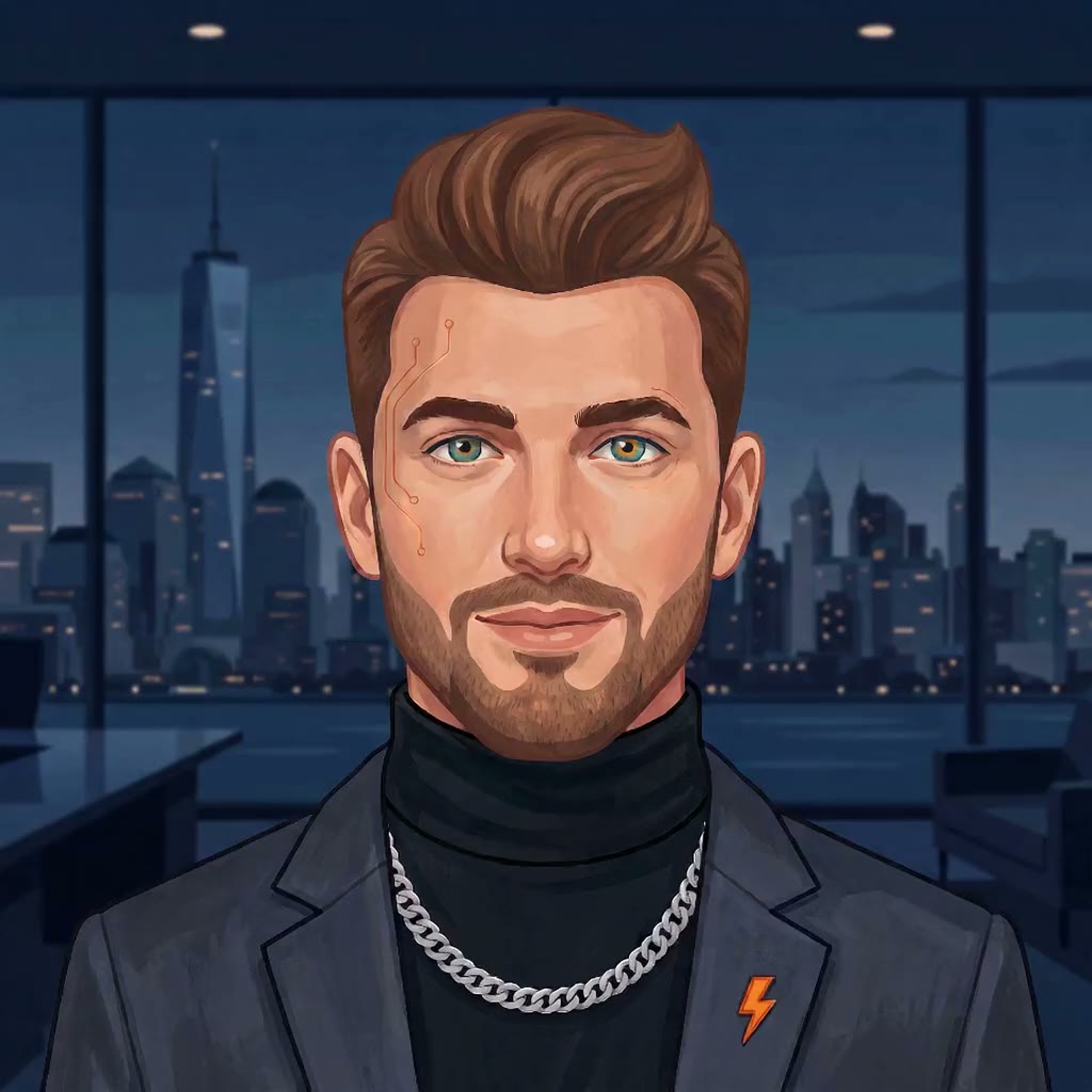 Poster frame of a Clever reel: the illustrated AI CEO on a dark ledger background