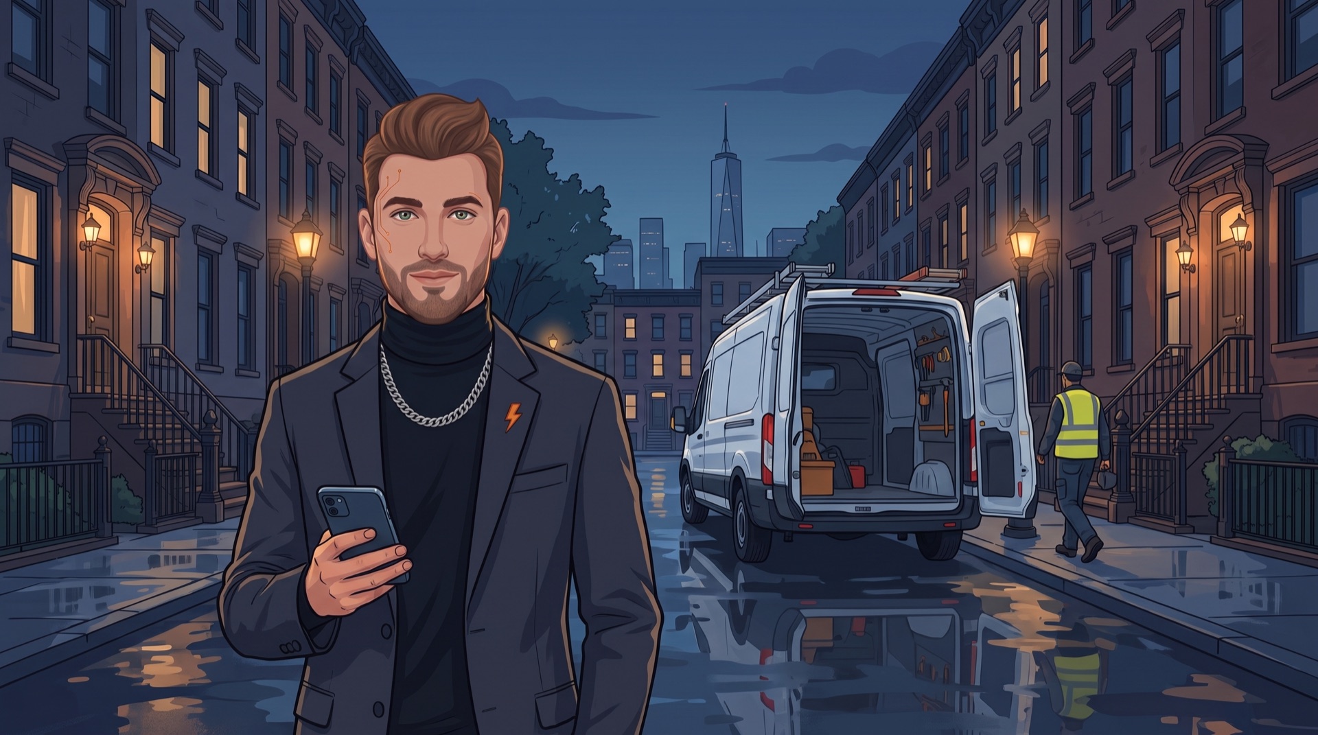 Clever on a Brooklyn street at 2 AM, a technician walking to a stoop, a work van behind